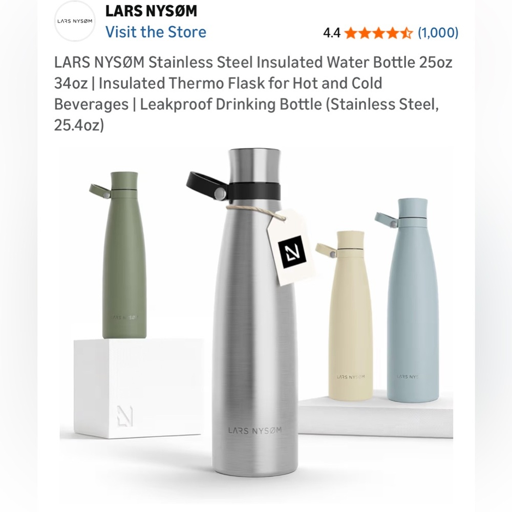 New LARS NYSOM Insulated Stainless Steel Water Bottle Carry Clip 25.4oz Hot/Cold